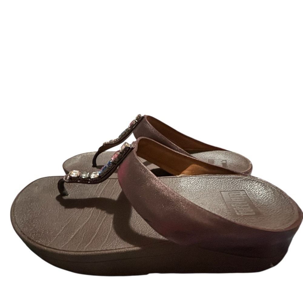 Fitflop Women’s 8.5 Leather Crystal Sandals Thong Wedge Brown Comfort